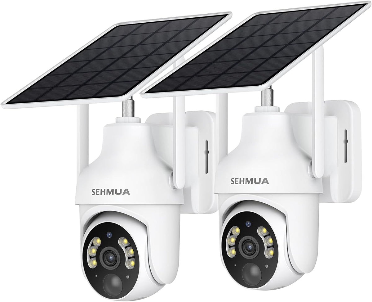 SEHMUA 2K Solar Security Cameras Wireless Outdoor, 2 Pack 360Â° View Pan/Tilt WiFi Security Camera Outside with Color Night Vision,Easy to Install, PIR Alarm, 2-Way Audio