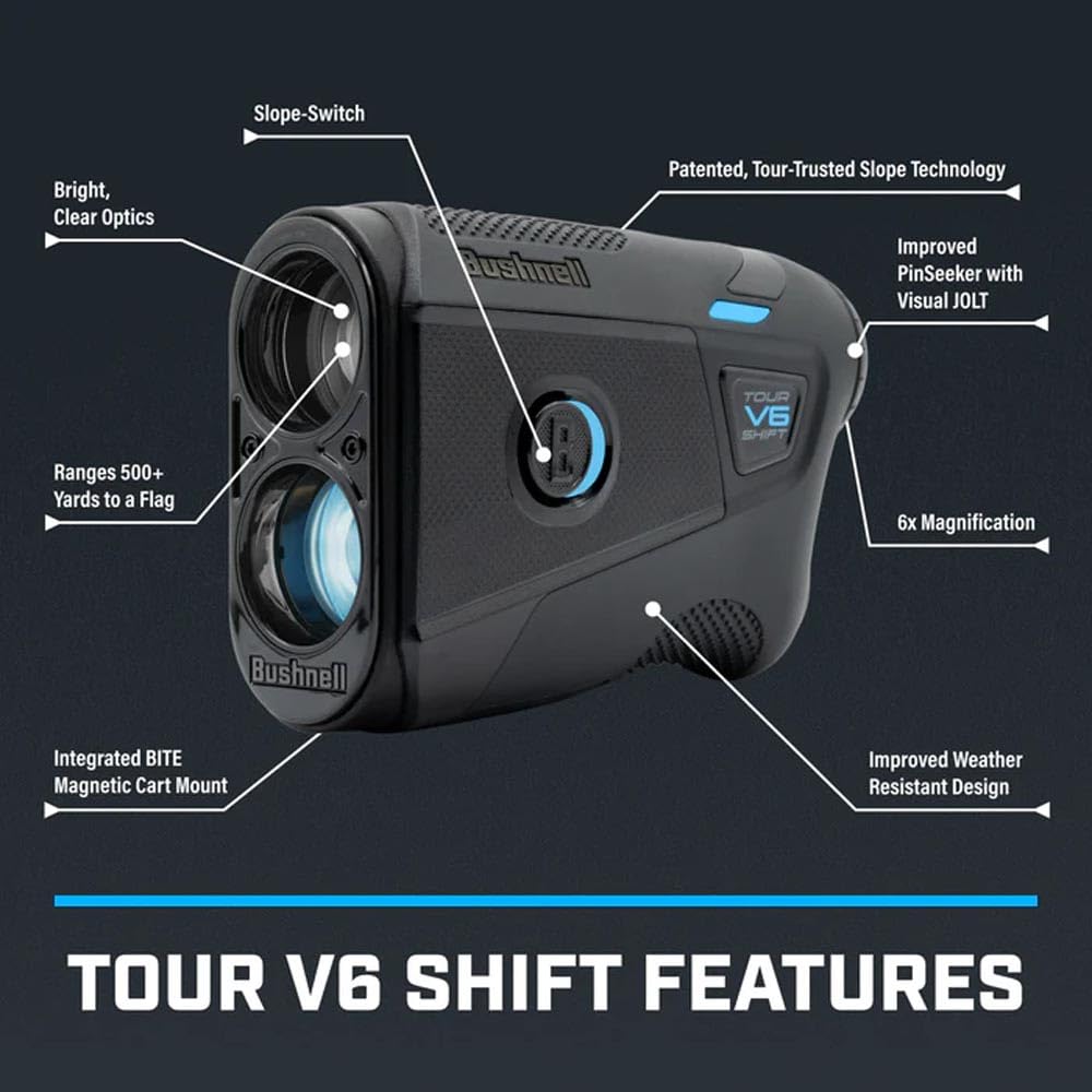Bushnell Golf Tour V6 Shift Laser Rangefinder | Slope Compensation, PinSeeker, Magnetic Mount, 6X Magnification, 1300 Yard Range, 3D Flyovers in App, Signature Series Golf Towel