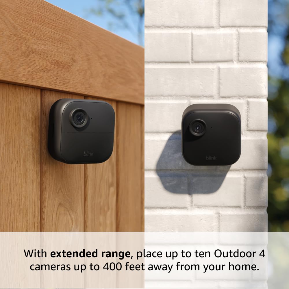 Blink Outdoor 4 XR â two-year battery wireless camera with 4x security coverage, 1000 ft open-air range or 400 ft with typical use â 4 camera system.