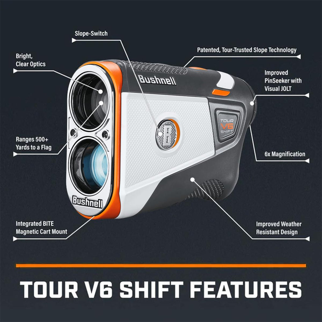 Bushnell Golf Tour V6 Shift Laser Rangefinder Patriot Pack | Slope Compensation, PinSeeker, Magnetic Mount, 6X Magnification, 1300 Yard Range, 3D Flyovers in App, Signature Series Golf Towel