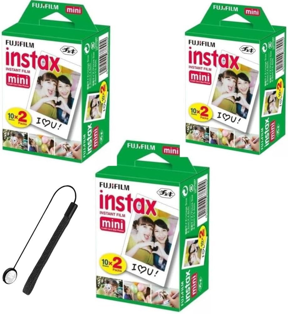 Fujifilm Instax Mini Instant Film for Mini Cameras, White, Credit Card Size with Free Bonus Cap Keeper - (3 x Twin Packs)