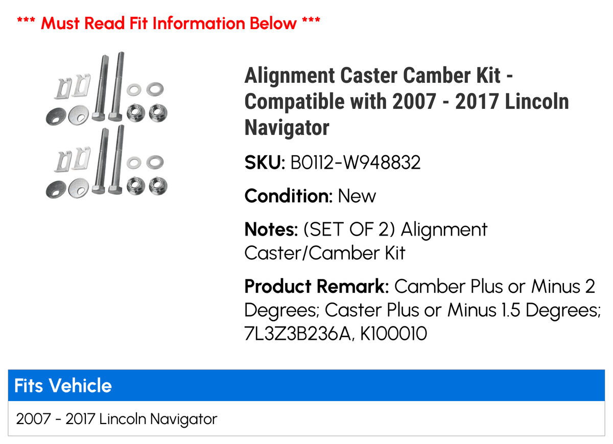 Camber Kit 2014 - Caster 2012 - 2013 Lincoln 2007 2015 2016 with Alignment Navigator 2011 2017 Compatible 2009 2008 2010