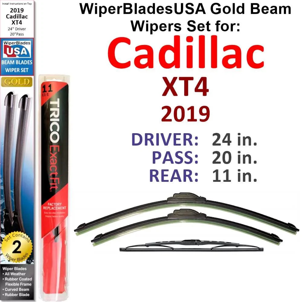 of Wipers w/Rear WBUSA 2019 3) (Set Wiper Beam Blades Cadillac Wiper XT4