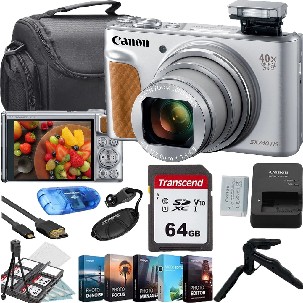 Digital Memory Shoulder Card+Camera Bundle Bag+Steady HS Accessory Tripod+Deluxe SX740 Camera PowerShot Gripster (Silver)+64GB Canon