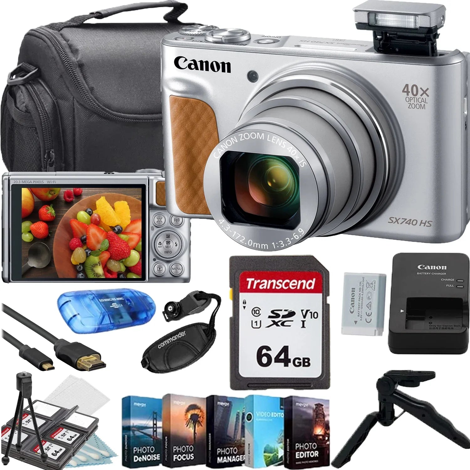 Digital Memory Shoulder Card+Camera Bundle Bag+Steady HS Accessory Tripod+Deluxe SX740 Camera PowerShot Gripster (Silver)+64GB Canon