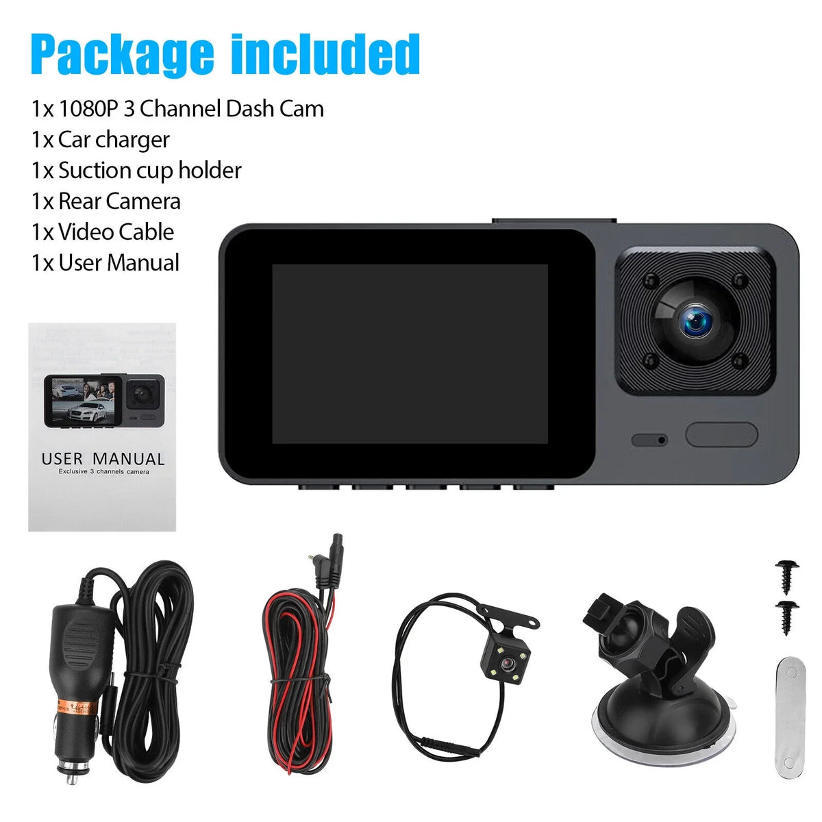 Rear Dash 3 Lens Video Camera Car 1080P Recorder Cam Inside Front G-Sensor DVR