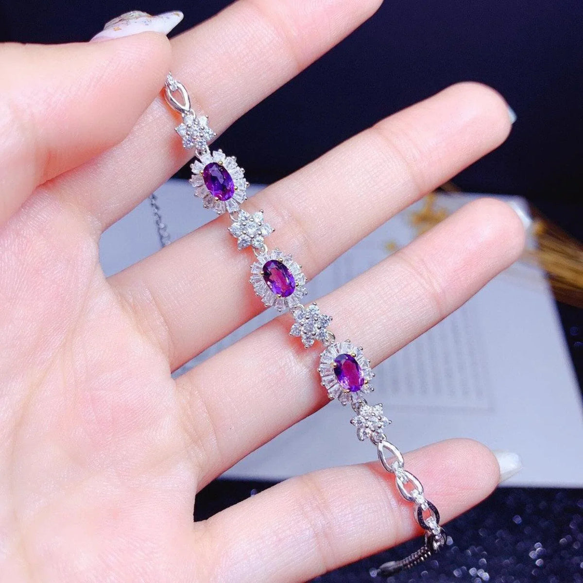 18k Women Silver Plated Light Inlaid Gold Sterling Natural Amethyst Luxury S925