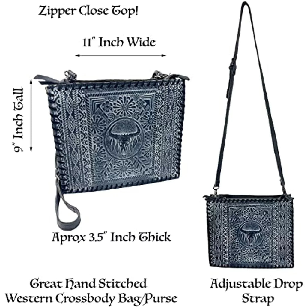 Handbag Crossbody Tote Stitched Urbalabs Bag Hand Purse (Blue) Skull Genuine Cow Western Large Tooled Longhorn Leather