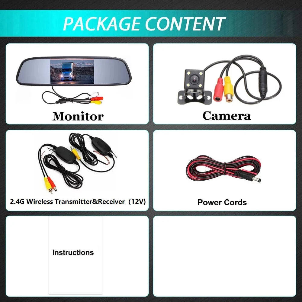 Car 4.3" View Night Monitor Mirror Wireless System + Backup Rear Camera Vision