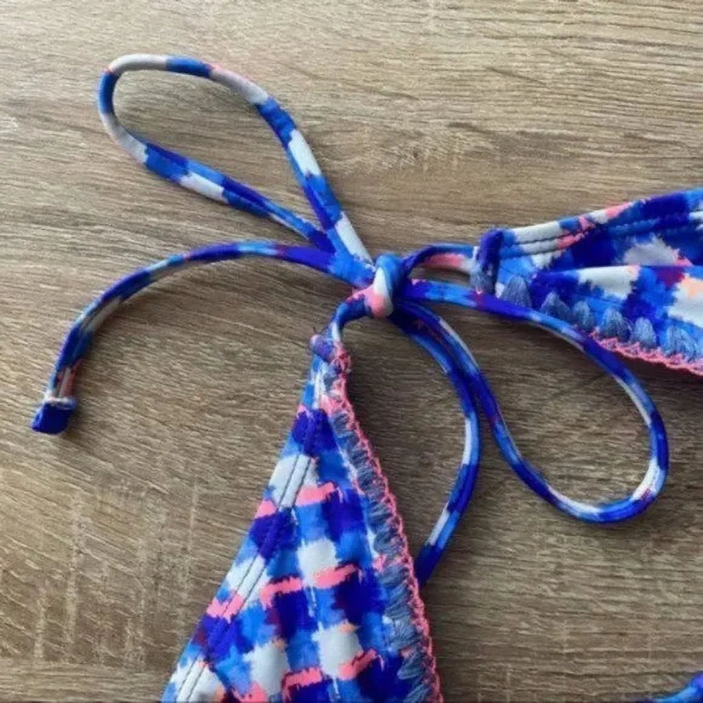 Bottom, Rachel Roy BLUE Triangle Tie CHECKERED Swim Bikini US Side Small