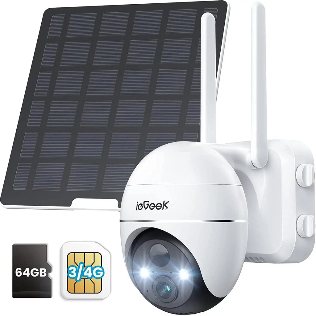 Solar SD Included Wireless, No 2K Surveillance Outdoor, Vision, Security Cellular SIM&64GB PTZ, 3G/4G WiFi Night Card LTE 360° Camera Powered, QHD, Camera, Color
