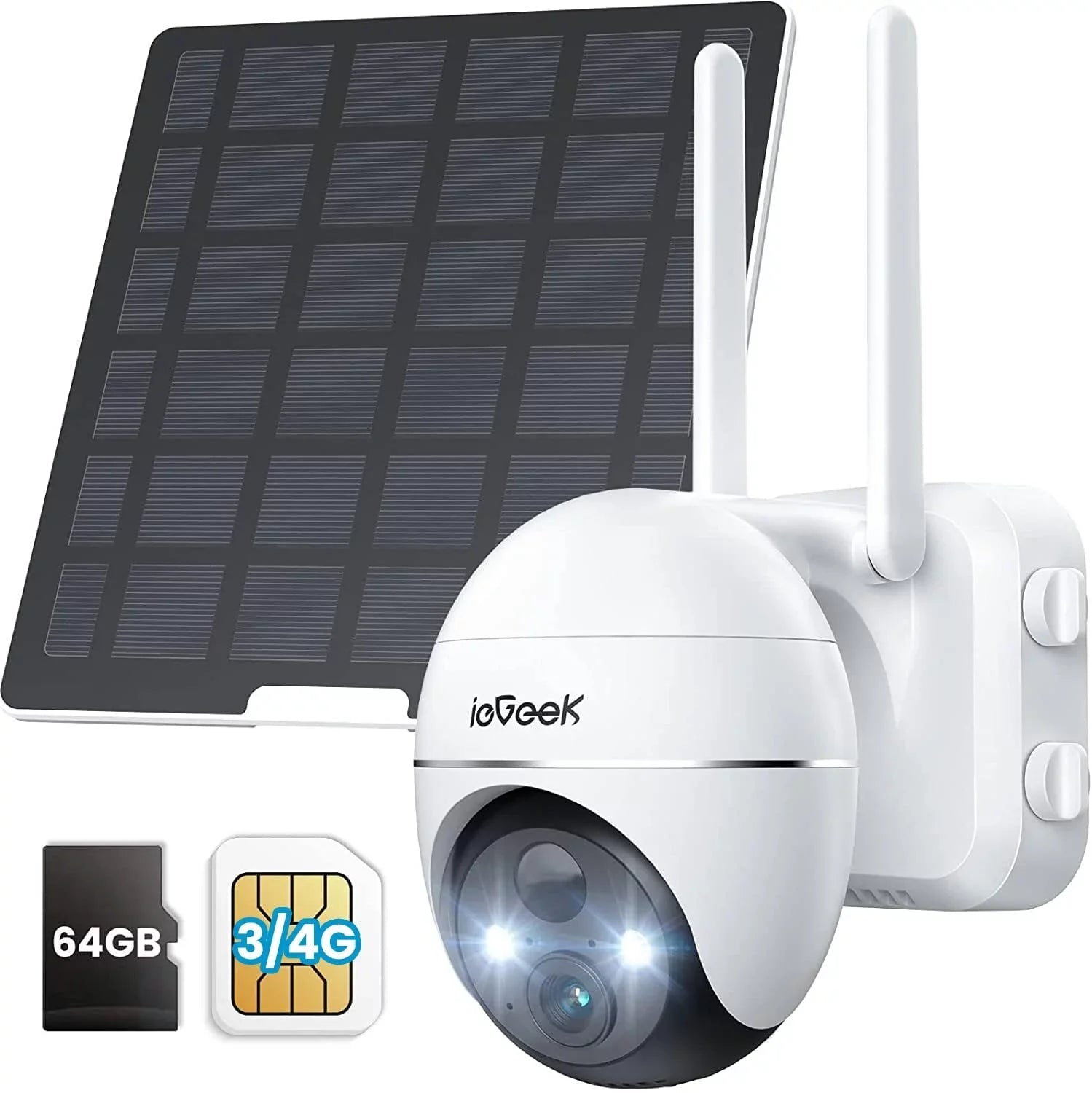 Solar SD Included Wireless, No 2K Surveillance Outdoor, Vision, Security Cellular SIM&64GB PTZ, 3G/4G WiFi Night Card LTE 360° Camera Powered, QHD, Camera, Color