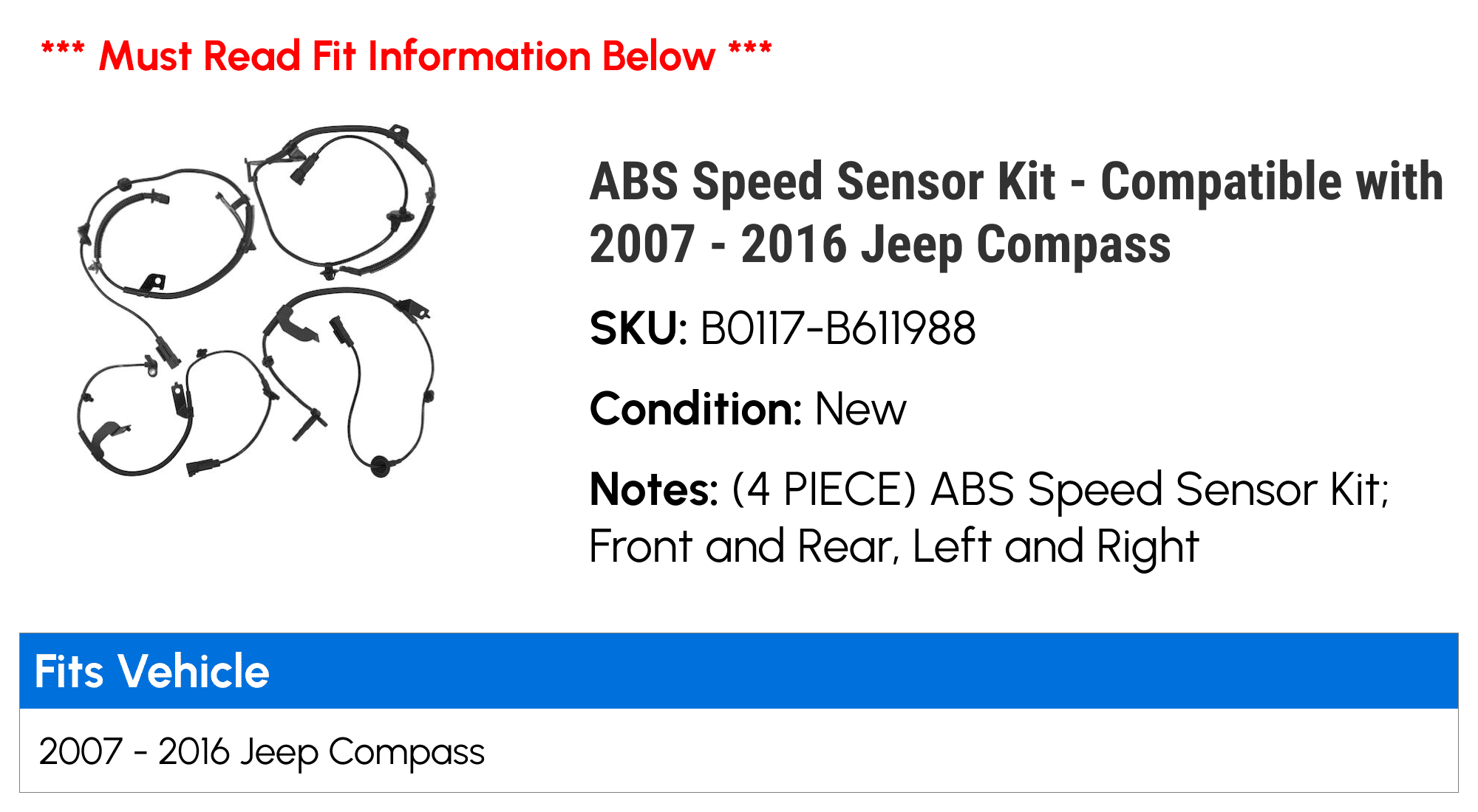 2014 2010 2016 2015 Compass - Sensor 2012 Jeep 2007 ABS Kit 2013 Compatible 2008 - with 2009 2011 Speed
