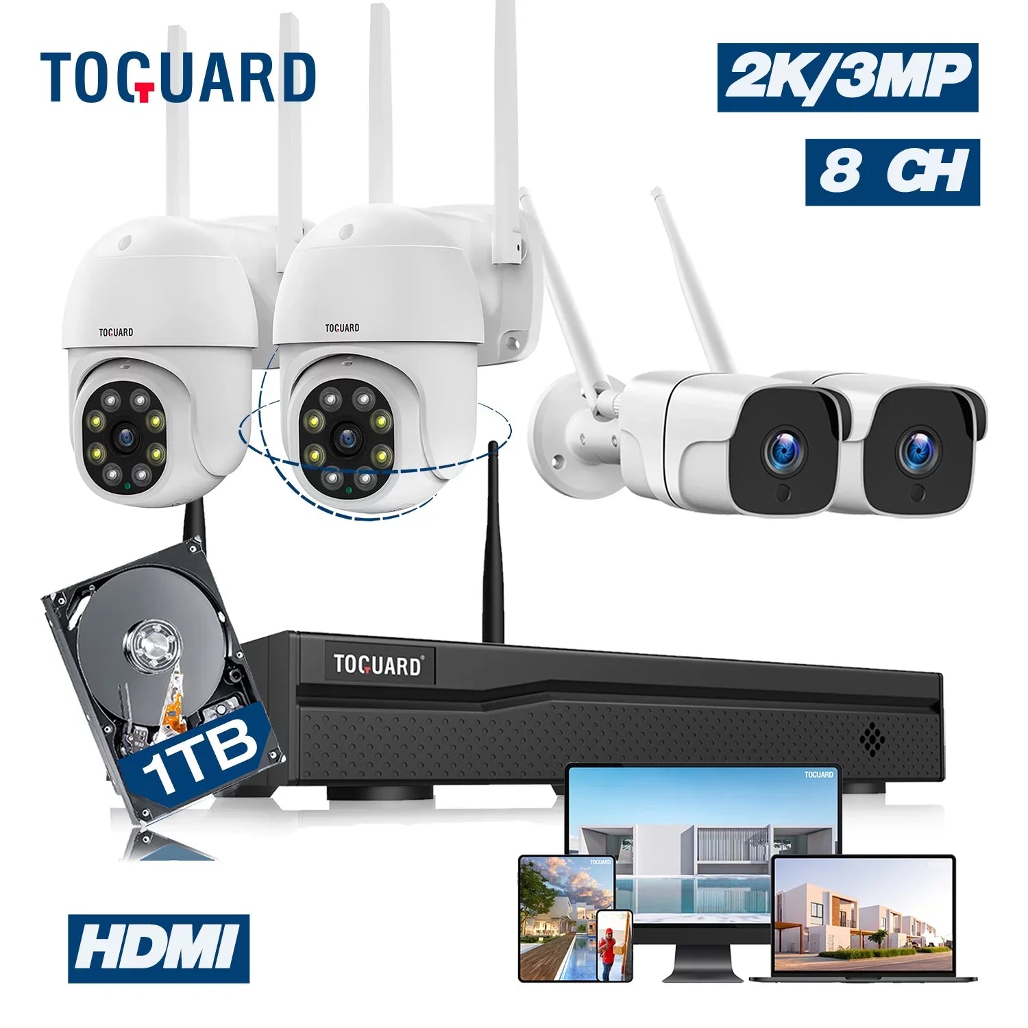 Camera Toguard Security Connector CCTV Drive, System Outdoor Camera WiFi Wireless 1TB Hard with HDMI Dome 2X3MP