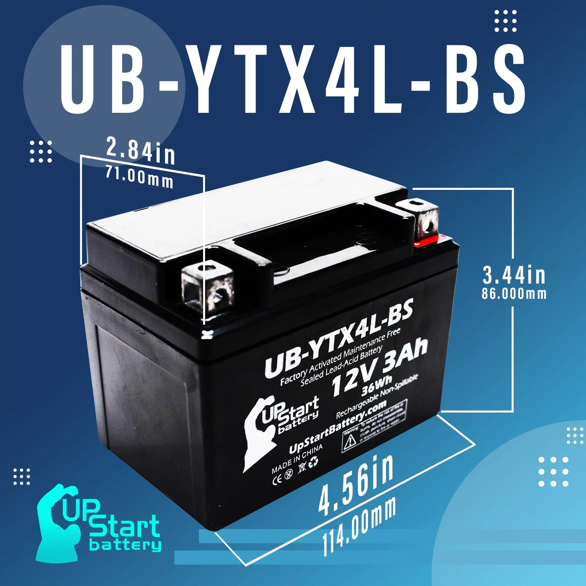 Battery (Can-Am) Maintenance 50CC Bombardier DS50, Quest 2002 Replacement Factory ATV UB-YTX4L-BS Activated, 3Ah, - 12V, Free,