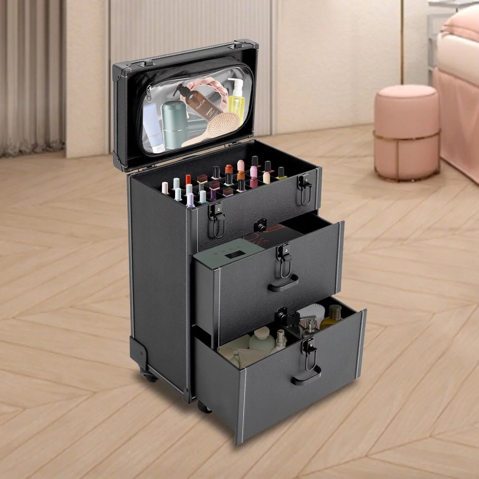 Polish Organizer 4 Train ZhdnBhnos Wheels Lock (Black) Box Rolling w/ Nail Storage & Case Luggage Trolley Makeup Cosmetic