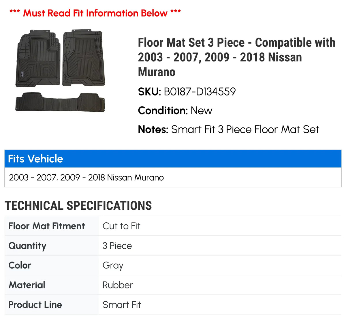 '- 2015 2005 2012 - 2003 2009 Murano Piece Mat 2011 with 2007, 3 Nissan 2004 2018 2017 Floor 2010 Set 2014 2013 - 2006 2016 Compatible