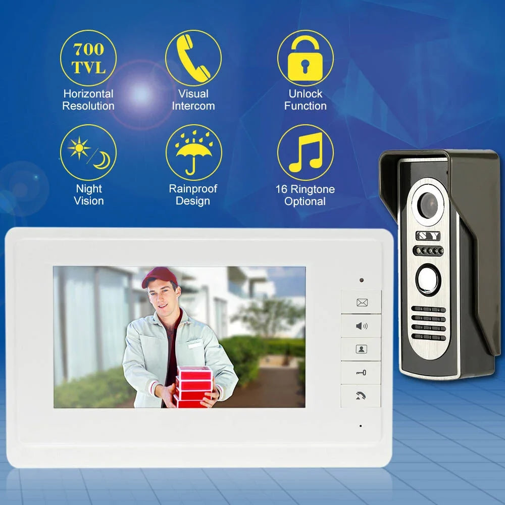 and Doorbell for Phone OWSOO 7” Visual Video System Wired Home View Rainproof Door Indoor Unlock Outdoor Infrared support with Monitor Night