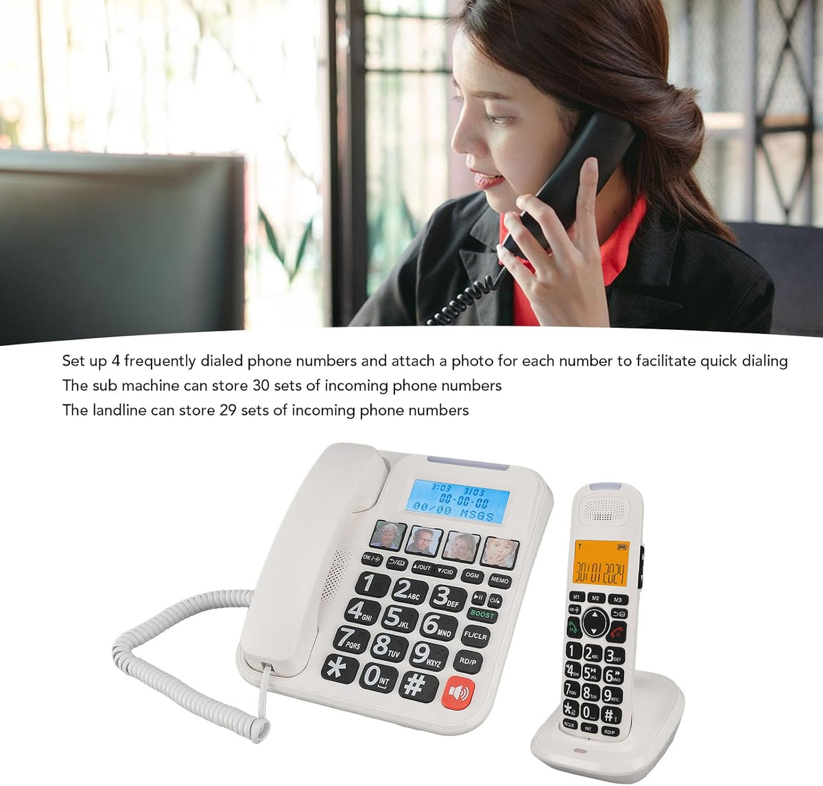 Corded Cordless Phone Combo, Expandable Corded Cordless Phone System with Answering Machine One Touch Call Blocking Big Buttons Phone with 2 Handsets (White)
