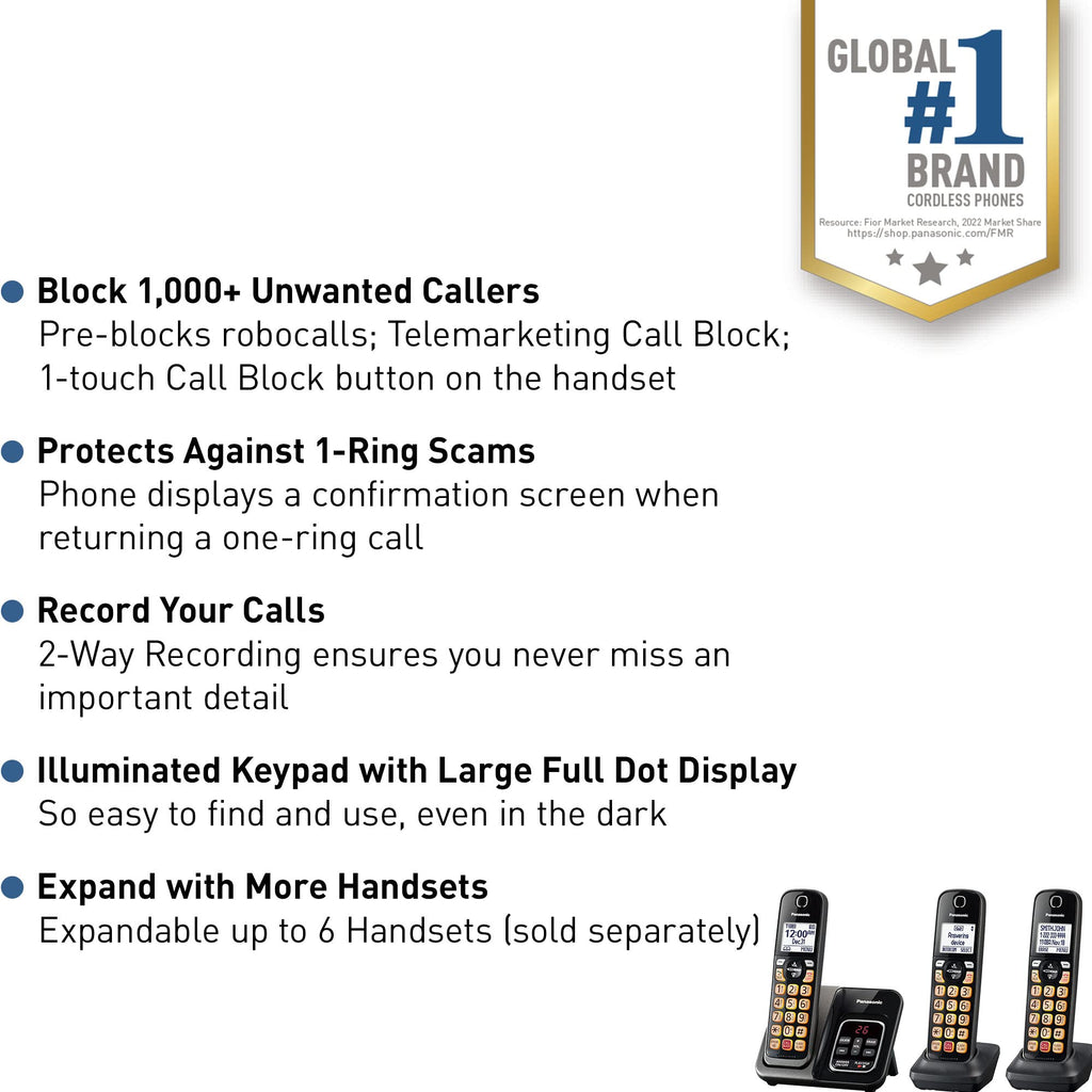 Panasonic Cordless Phone with Answering Machine, Link2Cell Bluetooth Home Phones, Voice Assistant and Advanced Call Blocking, Expandable System with 4 Handsets, Cordless Telephone, KX-TGD864W (White)