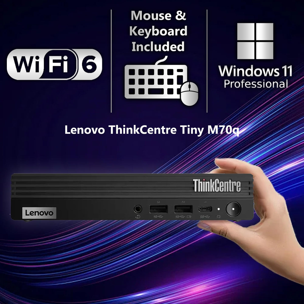Lenovo ThinkCentre Tiny M70q Gen 6, Intel Ultra Core S3 (Beats i7-13700T), 32GB DDR5, 1TB NVMe, DisplayPort, HDMI, WiFi 6E, RJ-45, Wired KB & Mouse, Win 11 Pro, AI Business Desktop â Black