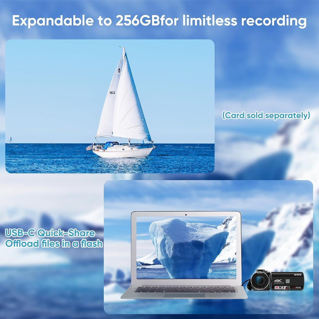 ORDRO 4K Camcorder, 64MP Vlogging Camera for YouTube with 18X Digital Zoom, IR Night Vision, 32G Memory Card and Mini Tripod