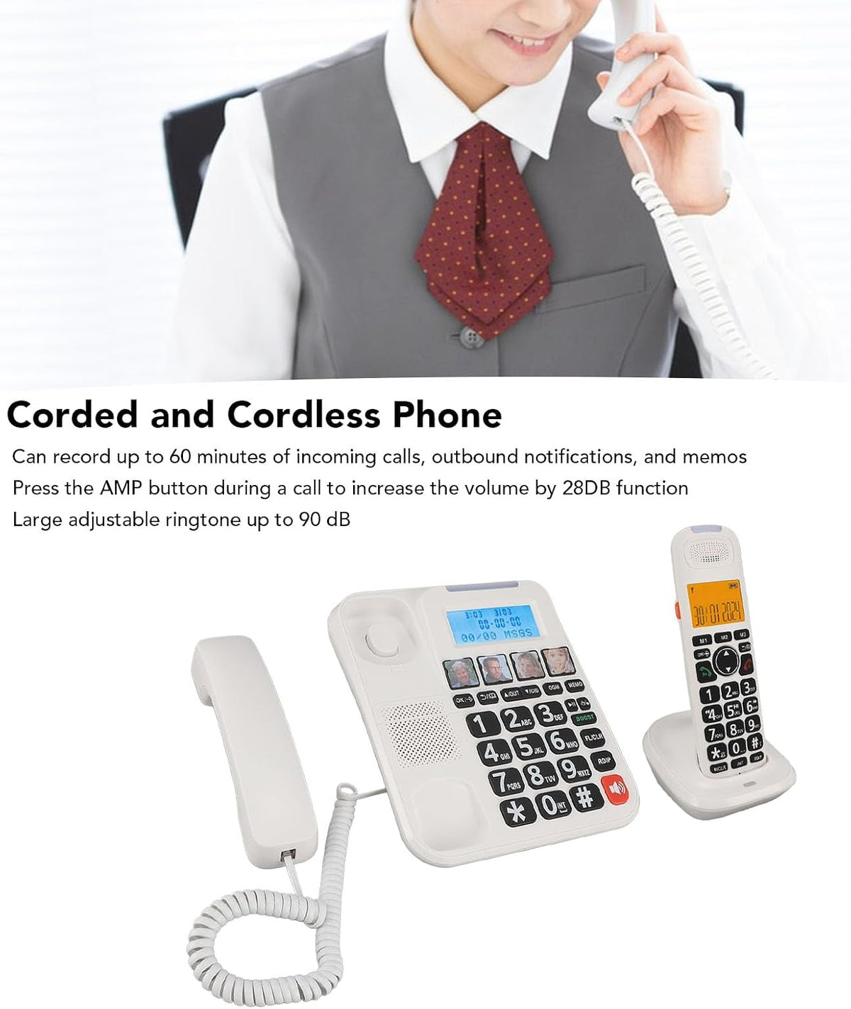 Corded Cordless Phone Combo, Expandable Corded Cordless Phone System with Answering Machine One Touch Call Blocking Big Buttons Phone with 2 Handsets (White)