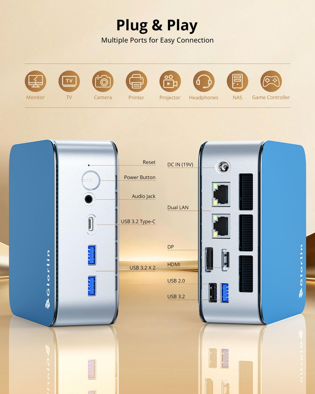 Glorlin Mini PC - Ryzen 5 3501U (up to 3.7GHz), 16GB DDR4 512GB SSD, Mini Desktop Computer with Triple 4K Display Support, WiFi 6 Bluetooth 5.3, Small Micro PC for Work, Study & Multitasking
