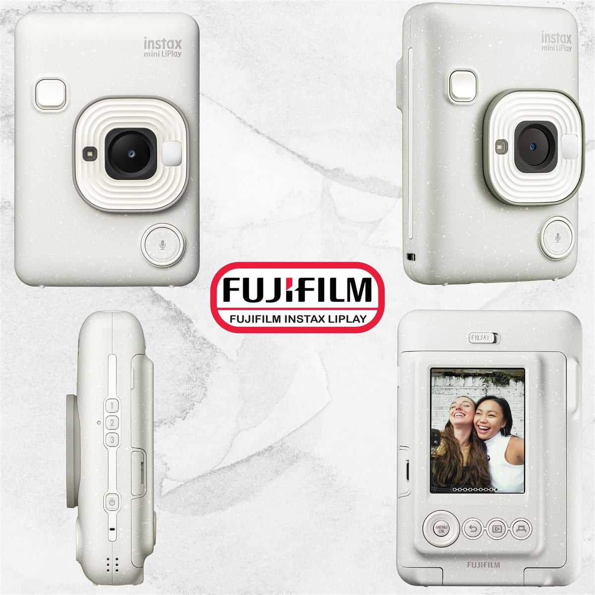 Fujifilm INSTAX Mini LiPlay Hybrid Instant Camera Bundle with 20 Sheets INSTAX Mini Film, 32GB microSD Card, USB Charging Cable, Hand Strap, Cleaning Cloth (Deep Bronze)
