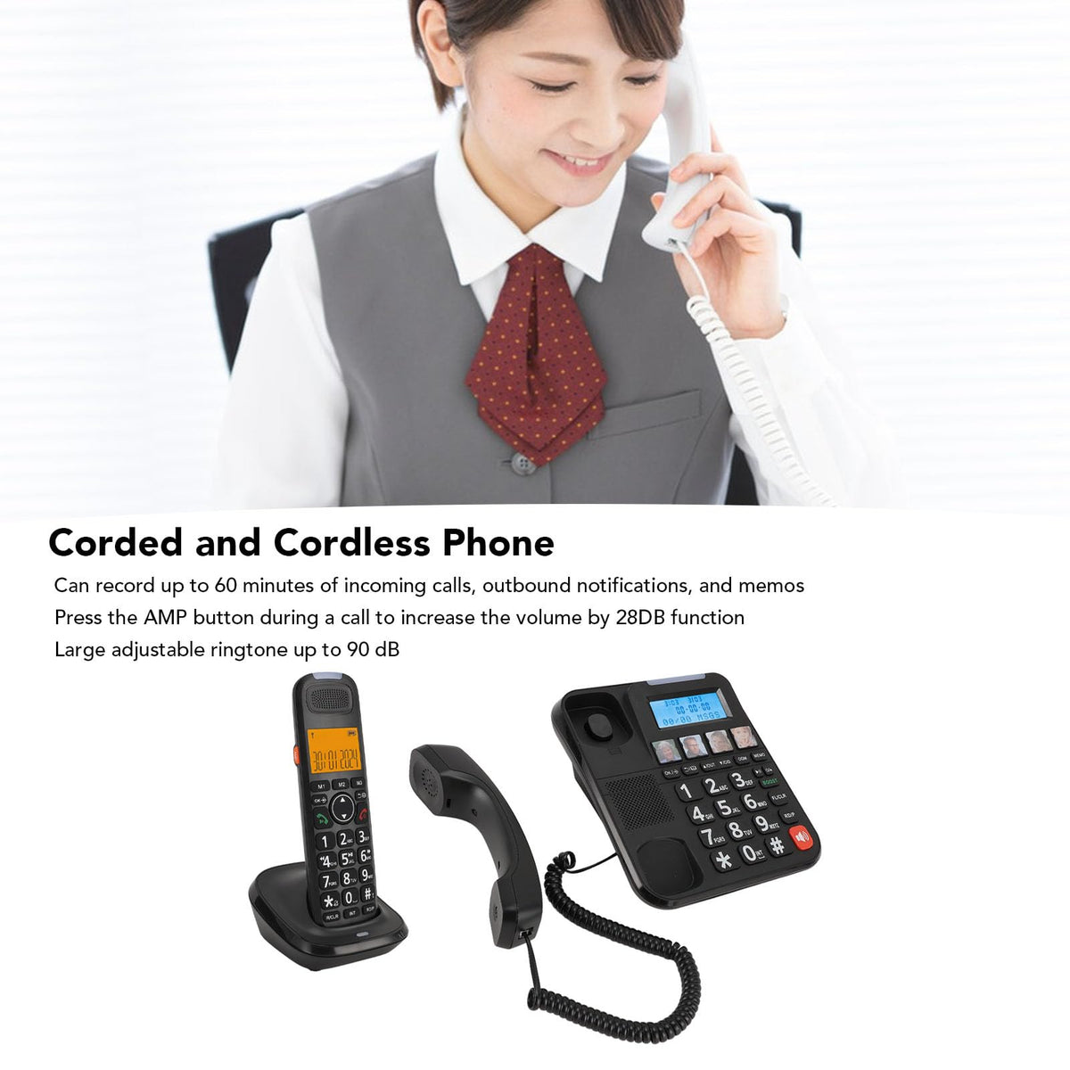 Luocute Cordless and Cordless Phone, Expandable System with Answering Machine and Call Blocking, 2in Screen Big Buttons for Home Use, Bilingual Caller ID and 90dB Loud Ringer (White)