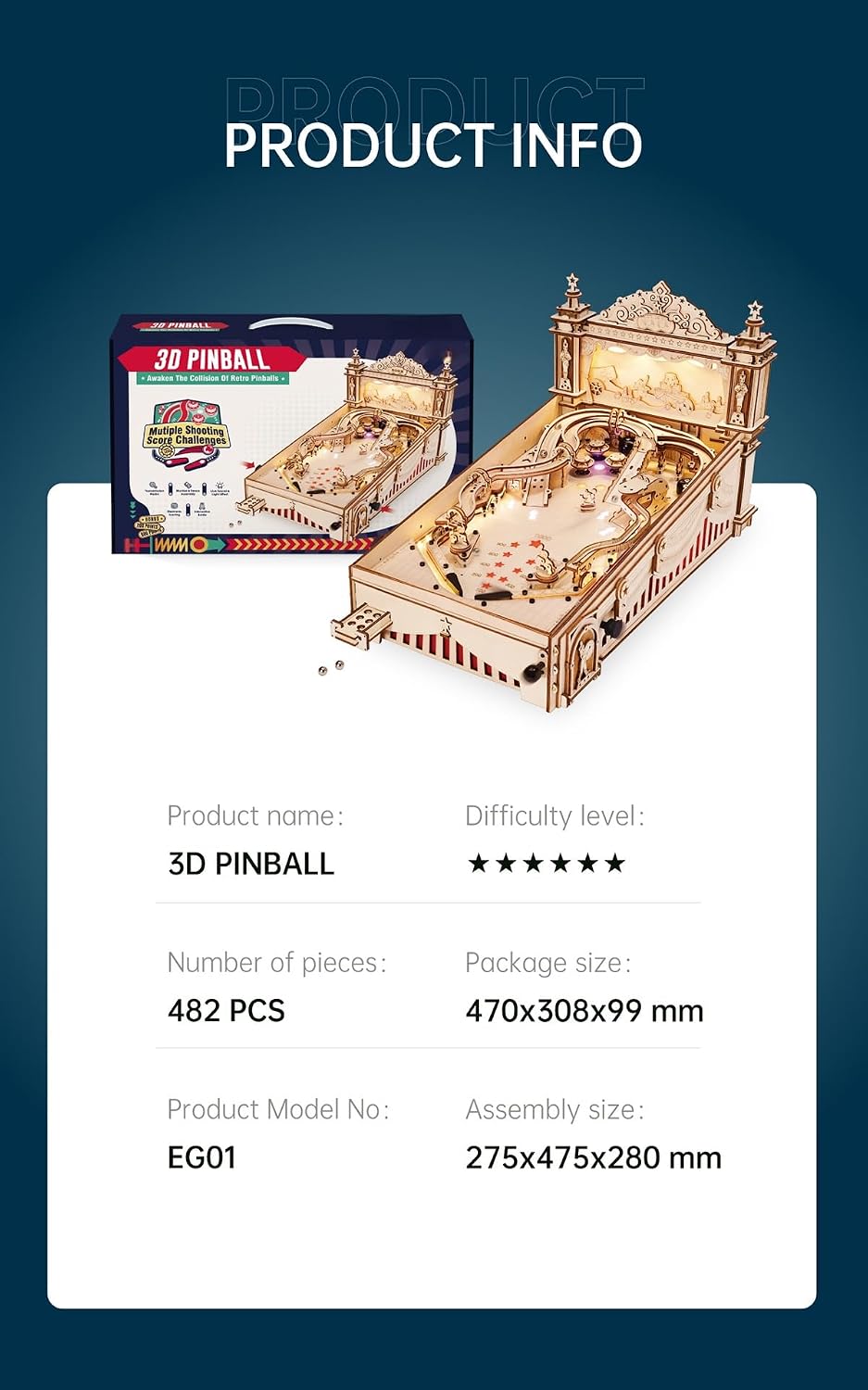 ROBOTIME Pinball Machince EG01 - Wooden Puzzles for Adults Miniature Pinball 3D Puzzle