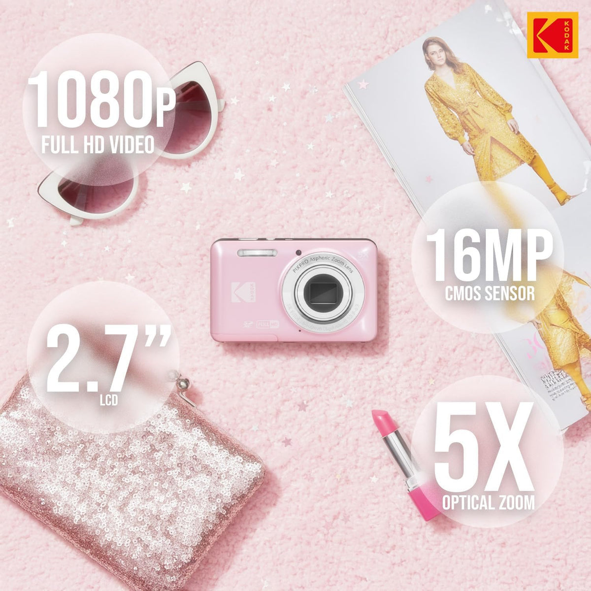 Kodak PixPro Friendly Zoom FZ55 16MP 1080p Full HD Camera (Pastel Pink)