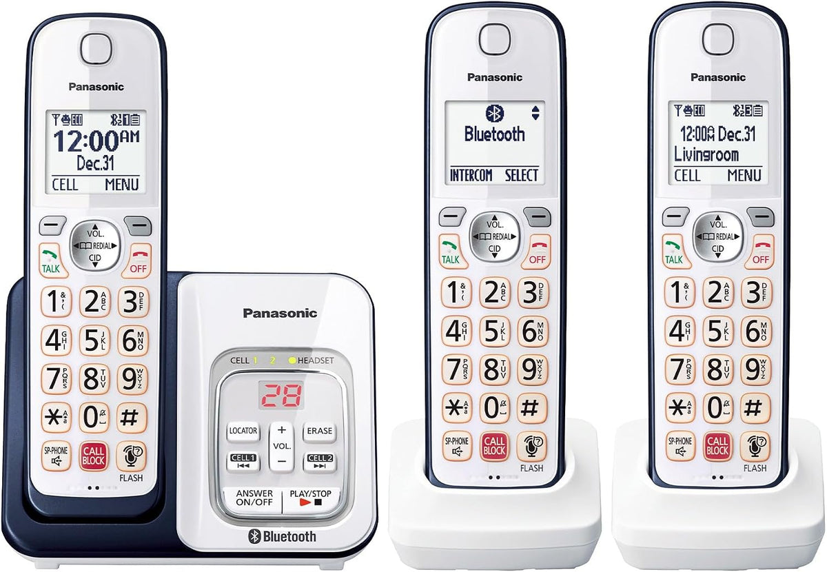 Panasonic 3 Handset Expandable Cordless Phone System with Link2Cell Bluetooth, Voice Assistant, Answering Machine and Call Blocking - KX-TGD863A