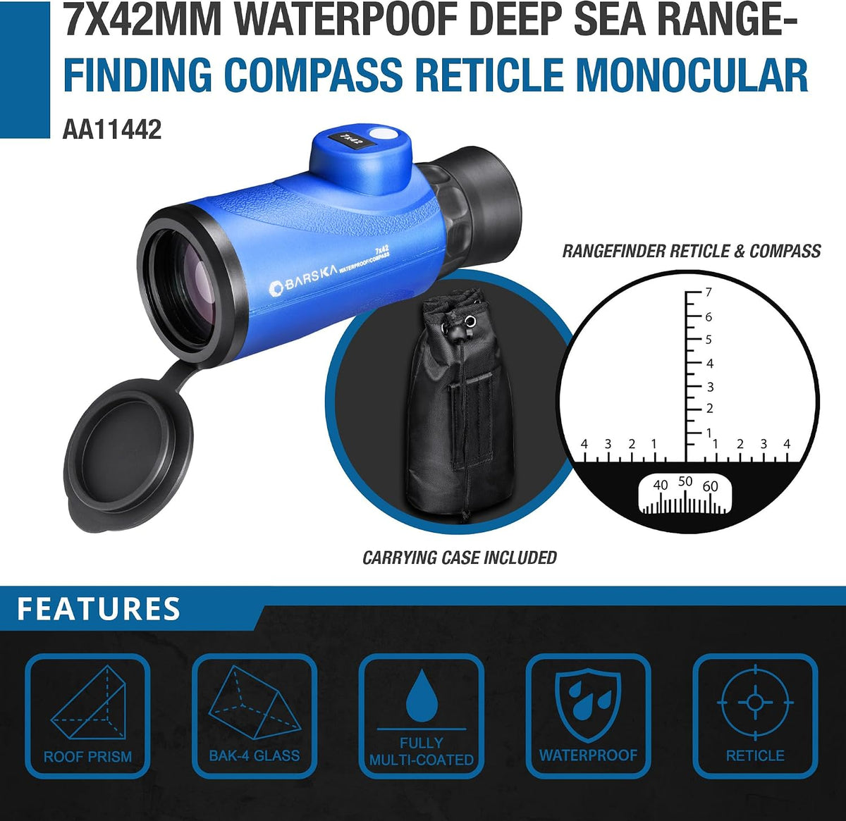 Barska 7x42 Deep Sea Waterproof Monocular with Compass & Rangefinding Reticle â Marine, Sailing & Outdoor Adventure Gear
