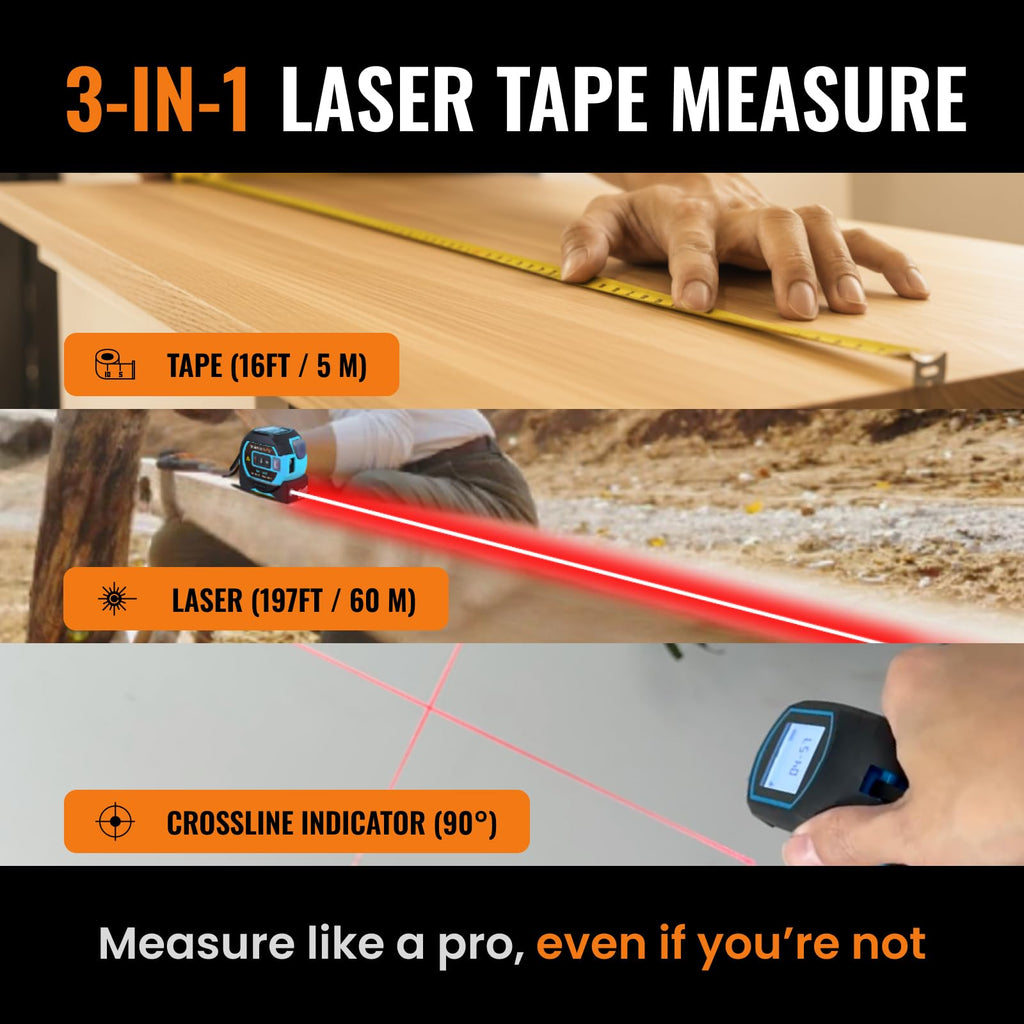 The Almighty Ruler Laser Tape Measure | Smart Range Finder | 196ft/ 60m