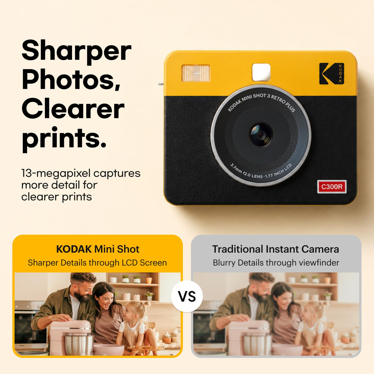 KODAK Mini Shot 3 Retro 3x3 Instant Camera, Photo Printer, 38 Sheet, White