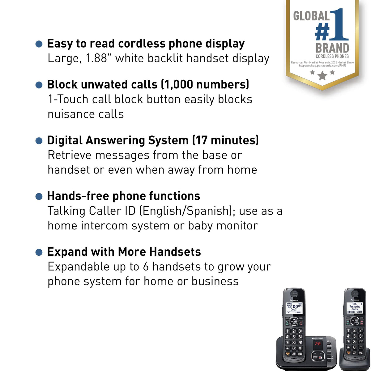 Panasonic DECT 6.0 Expandable System, Cordless Phones with Answering Machine and Call Blocking - 3 Cordless Phones 3 Handsets - KX-TGE633M (Metallic Black)