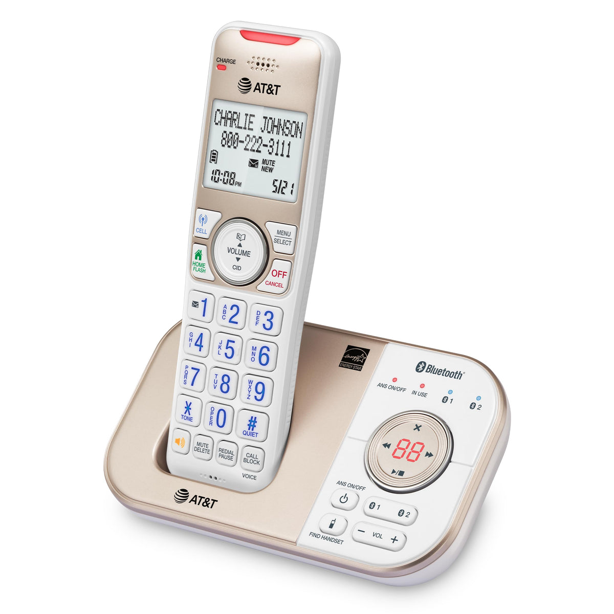AT&T BL3112-3 3-Handset DECT 6.0 Cordless Phone for Home with Bluetooth Connect to Cell, Smart Call Blocker, Answering Machine, Caller ID, Expandable up to 5 Handsets, Champagne Gold/White