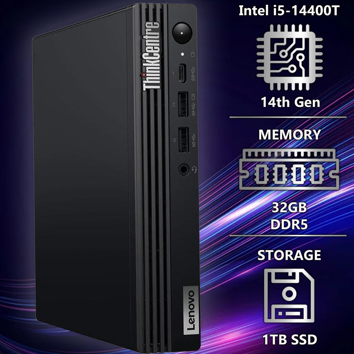 Lenovo ThinkCentre Tiny M70q Gen 6, Intel Ultra Core S3 (Beats i7-13700T), 32GB DDR5, 1TB NVMe, DisplayPort, HDMI, WiFi 6E, RJ-45, Wired KB & Mouse, Win 11 Pro, AI Business Desktop â Black