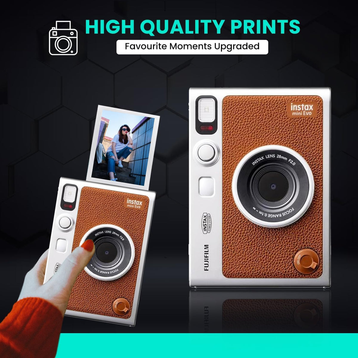 Fujifilm Instant Mini EVO Hybrid Camera Bundle with 20 Instant Film Sheets + 32GB Memory Card + Carrying Case + Flex Tripod + BluebirdSales Cleaning Cloth (Black)