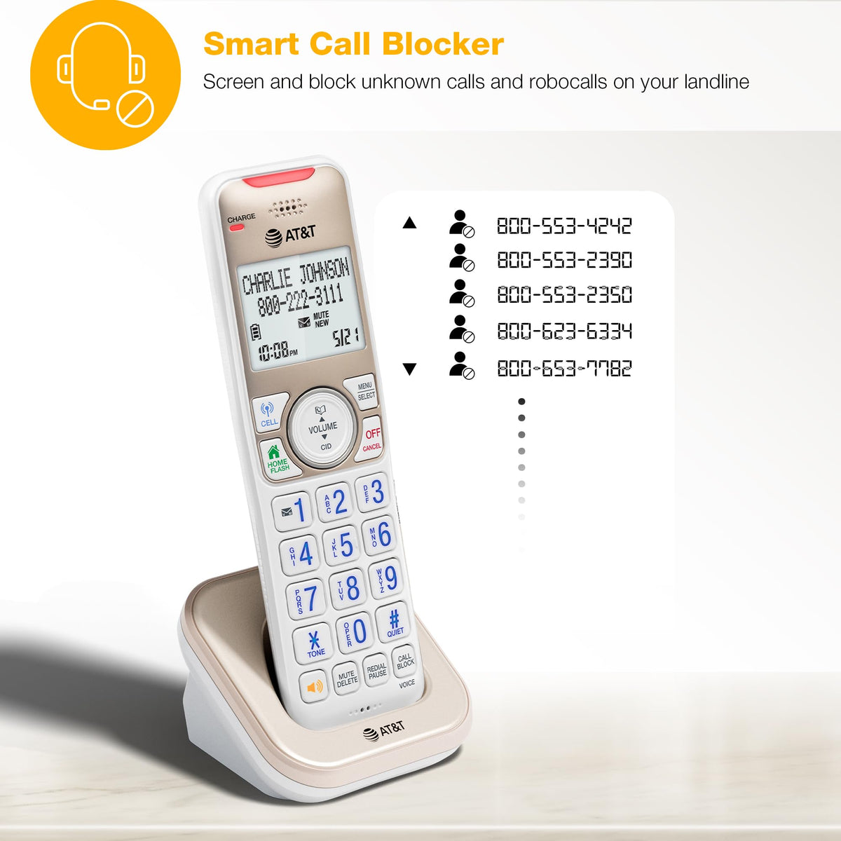 AT&T BL3112-3 3-Handset DECT 6.0 Cordless Phone for Home with Bluetooth Connect to Cell, Smart Call Blocker, Answering Machine, Caller ID, Expandable up to 5 Handsets, Champagne Gold/White