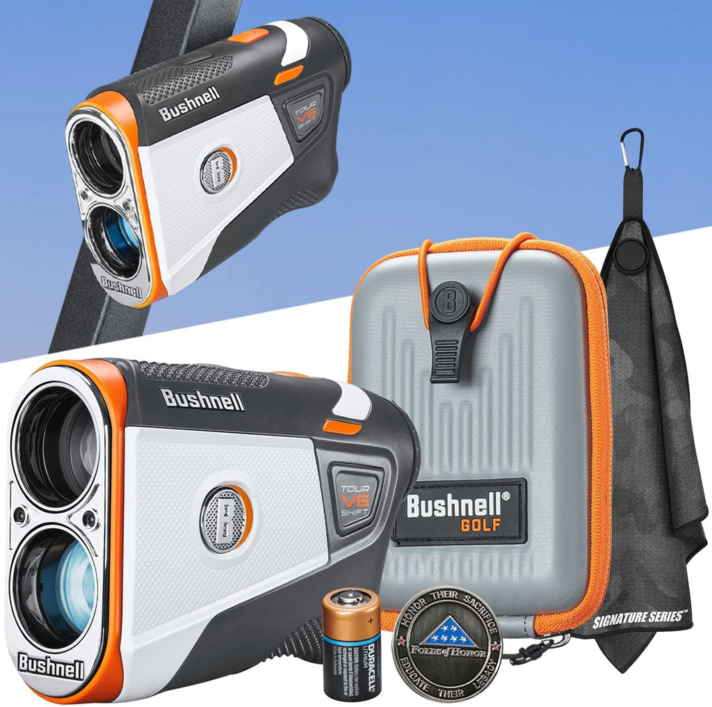 Bushnell Golf Tour V6 Shift Laser Rangefinder Patriot Pack | Slope Compensation, PinSeeker, Magnetic Mount, 6X Magnification, 1300 Yard Range, 3D Flyovers in App, Signature Series Golf Towel