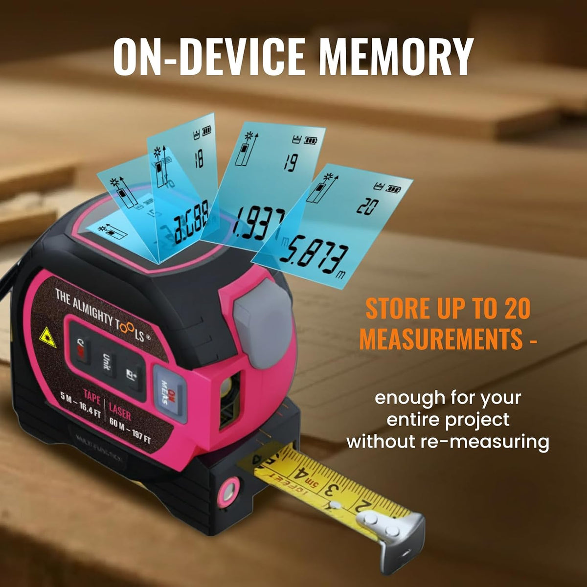 The Almighty Ruler Laser Tape Measure | Smart Range Finder | 196ft/ 60m