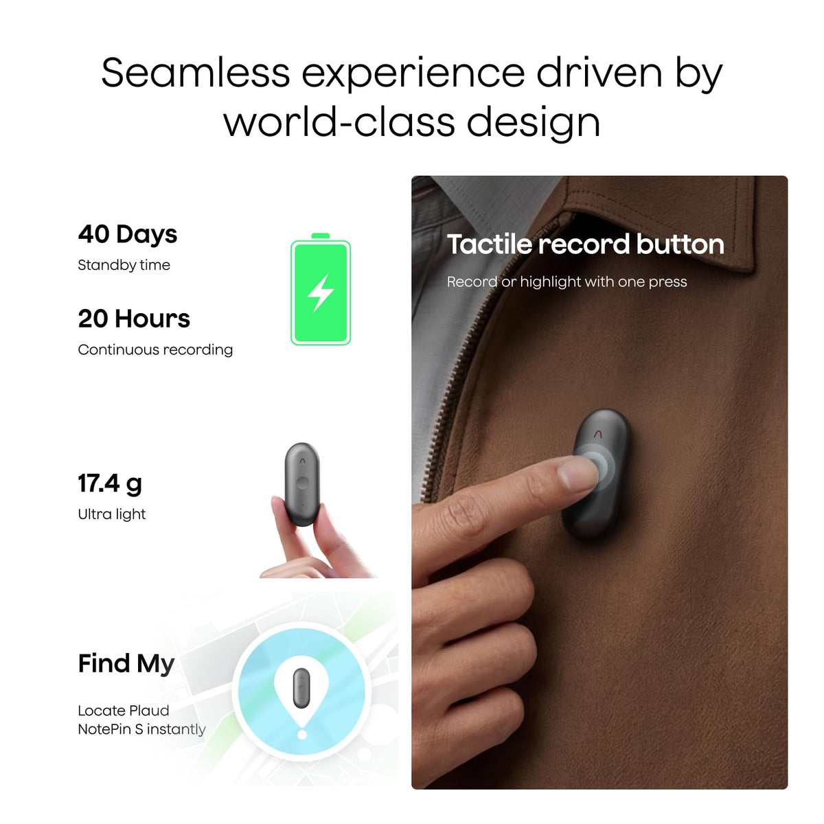 Plaud NotePin S Wearable AI Voice Recorder, Transcribe & Summarize, Purple