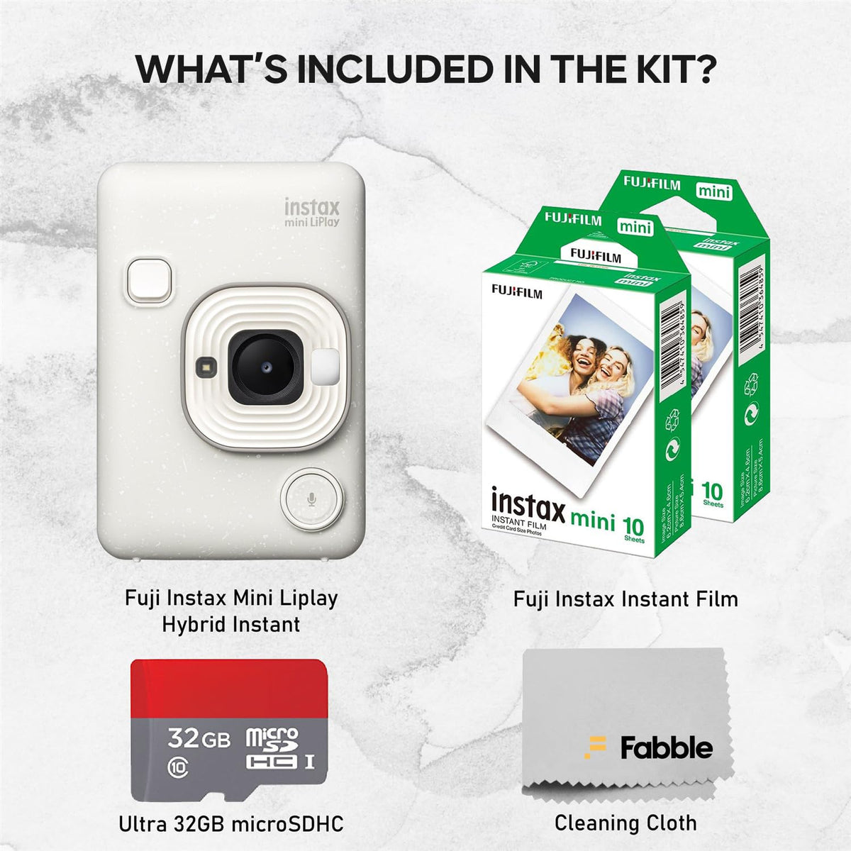 Fujifilm INSTAX Mini LiPlay Hybrid Instant Camera Bundle with 20 Sheets INSTAX Mini Film, 32GB microSD Card, USB Charging Cable, Hand Strap, Cleaning Cloth (Deep Bronze)