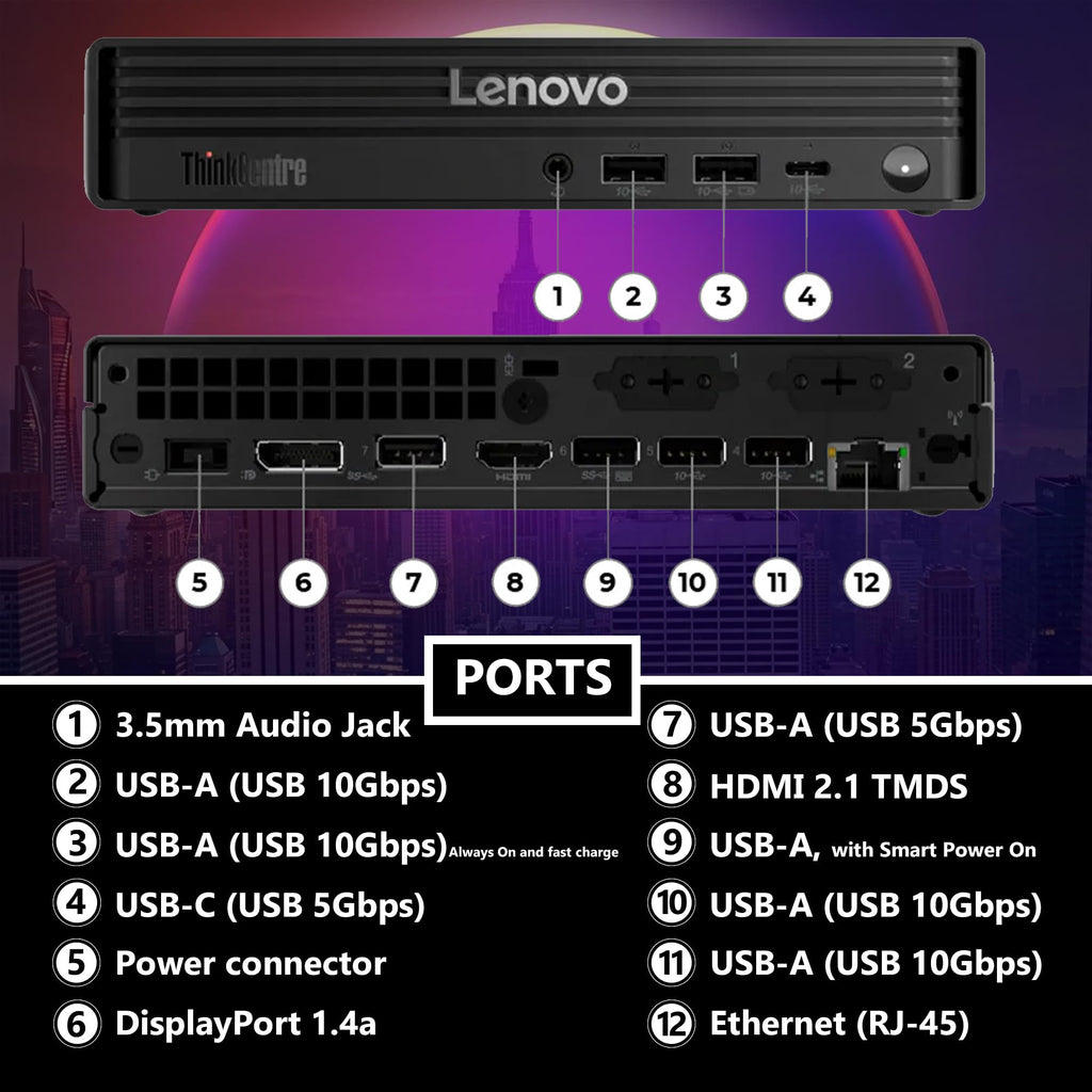 Lenovo ThinkCentre Tiny M70q Gen 6, Intel Ultra Core S3 (Beats i7-13700T), 32GB DDR5, 1TB NVMe, DisplayPort, HDMI, WiFi 6E, RJ-45, Wired KB & Mouse, Win 11 Pro, AI Business Desktop â Black