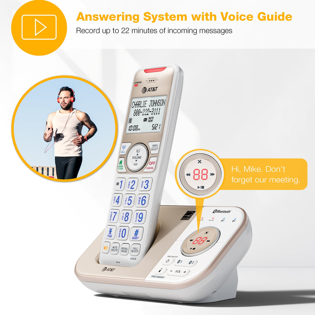 AT&T BL3112-3 3-Handset DECT 6.0 Cordless Phone for Home with Bluetooth Connect to Cell, Smart Call Blocker, Answering Machine, Caller ID, Expandable up to 5 Handsets, Champagne Gold/White