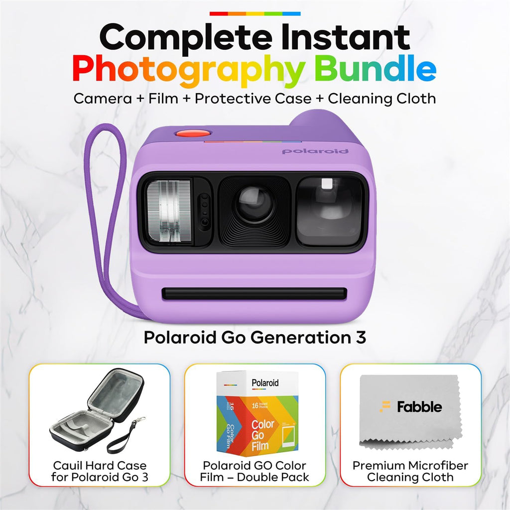 Polaroid Go Generation 3 Instant Film Camera Bundle with Go Color Film 16 Exposures, Protective Hard Case, Wrist Strap, & Accs. for Instant Photography (Purple)