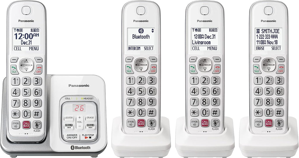 Panasonic Cordless Phone with Answering Machine, Link2Cell Bluetooth Home Phones, Voice Assistant and Advanced Call Blocking, Expandable System with 4 Handsets, Cordless Telephone, KX-TGD864W (White)