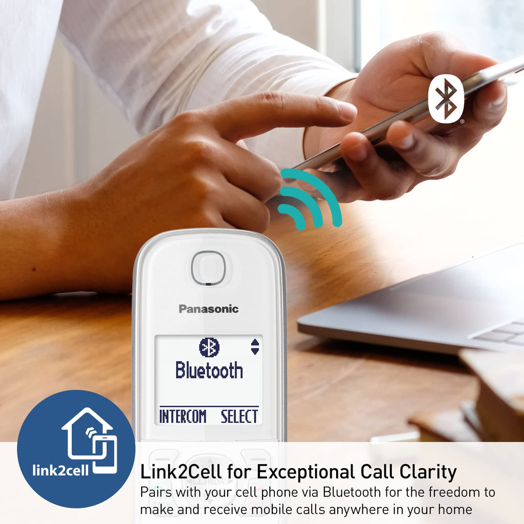 Panasonic Cordless Phone with Answering Machine, Link2Cell Bluetooth Home Phones, Voice Assistant and Advanced Call Blocking, Expandable System with 4 Handsets, Cordless Telephone, KX-TGD864W (White)